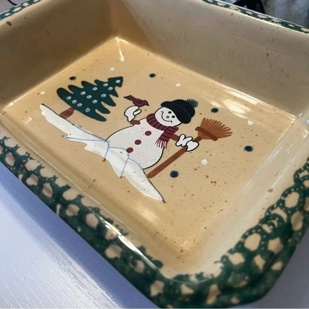 Vintage Casserole‎ Dish Country Snowman Stoneware Spongeware Bakeware